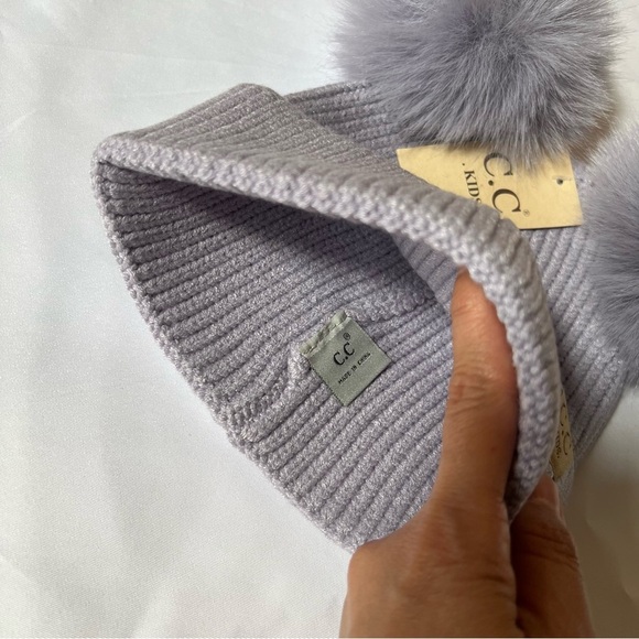 C.C Kids Light‎ Purple Warm Cozy Winter Rib-Knit Beanie Hat with Faux Fur Pompom - Picture 7 of 10